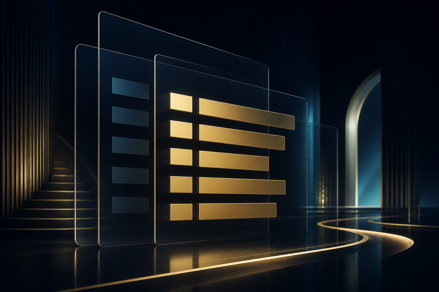 Abstract comparison panels in gold and teal light